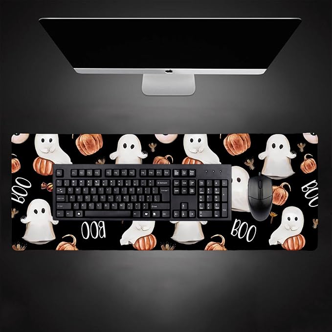 Boo Happy Halloween Large Mouse Pad, Cute Ghosts Black Desk Pad, Ripe Pumpkins Desk Mat, Computer Gaming Mouse Pad, Non-Slip Mousepad Playmat with Stitched Edges for Gamer Home & Office