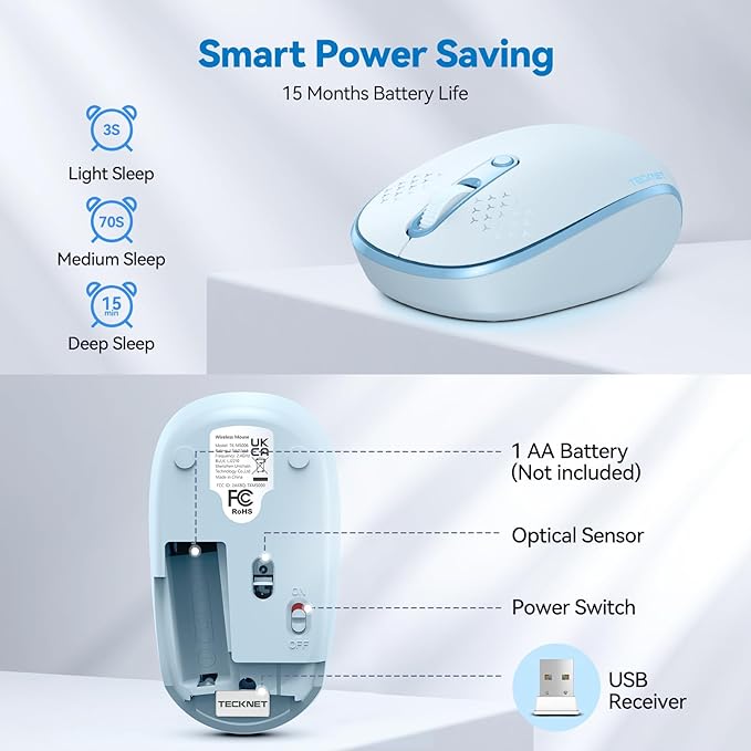 TECKNET Wireless Mouse, 2.4G Quiet Computer Mouse with USB Receiver, 4 Buttons Portable Cordless Mice for Chromebook, Laptop, PC, Mac, 800/1200/1600 DPI - Blue