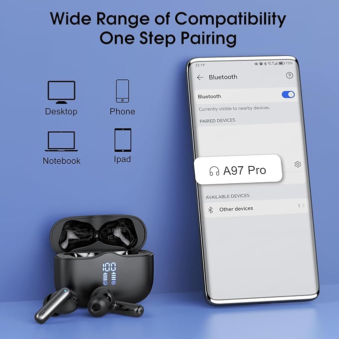 Wireless Earbuds, 2025 Bluetooth 5.4 Headphones in Ear with Stereo Deep Bass, 40H Bluetooth Ear Buds with 4 ENC Noise Cancelling Mics, IP7 Waterproof Earphones Hands-Free Calls Dual LED Display USB-C