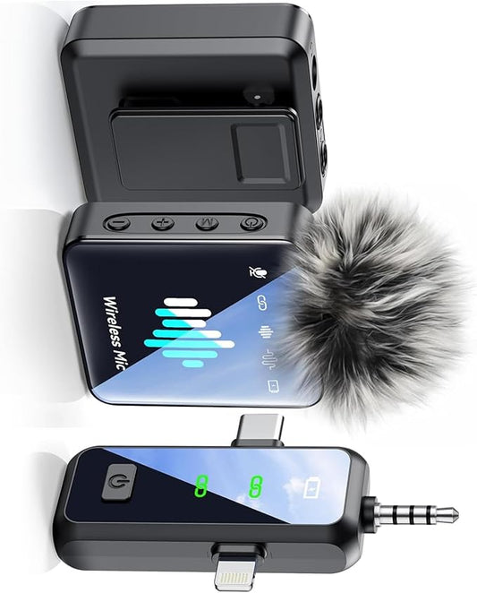 3-in-1 Mini Microphone for iPhone: Wireless Lavalier Microphone with 80ft Range & 15H Battery - Noise Reduction Lapel Mic, Real-Time Monitoring for Video Recording, Vlog,Light Black