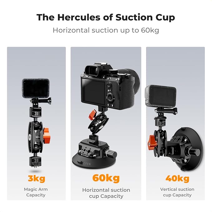 K&F CONCEPT 6" Suction Cup Camera Mount with Magic Arm, ARRI Style 1/4" 3/8" Threads, Quick Release Car Mount for DSLRs Action Camera Phone Video Shooting Compatible with Hero 13 12 DJI Insta360 - Image 4