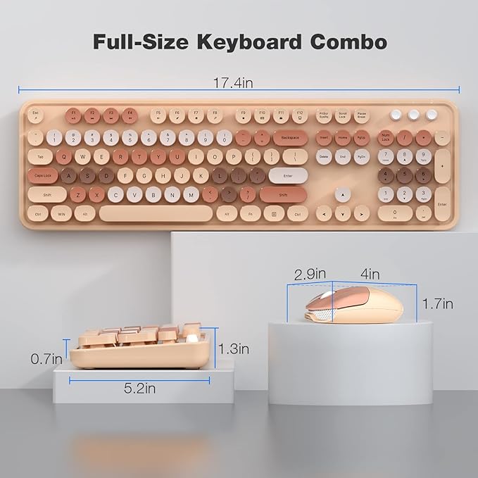 Wireless Keyboard and Mouse, 2.4Ghz USB Retro Full Size Typewriter Keyboard and Sport Car Mouse Combo for Mac, Windows 7/8/10, Laptop, Desktop, PC, Computer (Milk Tea Colorful)