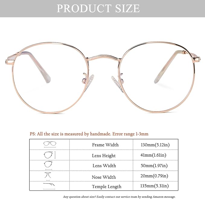 HJSTES Round Blue Light Glasses for Women Men Retro Circle Clear Lens Metal Frame Eyeglasses