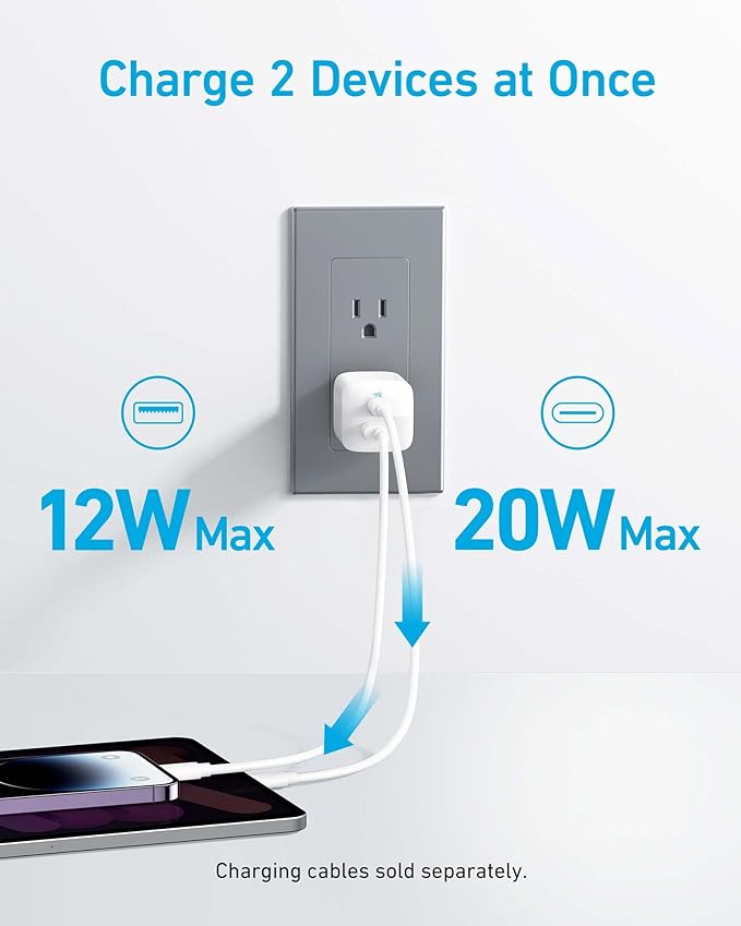 Anker USB C Charger Block, 33W 2 Port Compact Charger with Foldable Plug for iPhone 17/16 Series, Galaxy, and More (Cable Not Included, White)