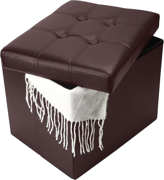 Bsketa Storage Ottoman, Folding Foot Stool with Thicker Foam Padded Seat Small Leather Storage Ottoman Bench Foot Rest for Living Room Foldable Coffee Table 17x13x13in,Brown