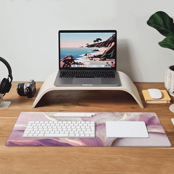 Desk Pad,Office Desk Mat 31.5"×11.8" Large Gaming Mouse Pad,Extended Computer Mouse Pad,Waterproof Thick Big Mouse Pads with Non-Slip Rubber Base Office Home Purple White Marble Flower