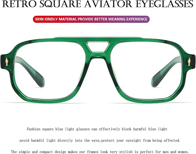 PORADAY Blue Light Blocking Glasses for Women Men 70s Retro Square Aviator Eyeglasses Rectangle Computer Eyewear