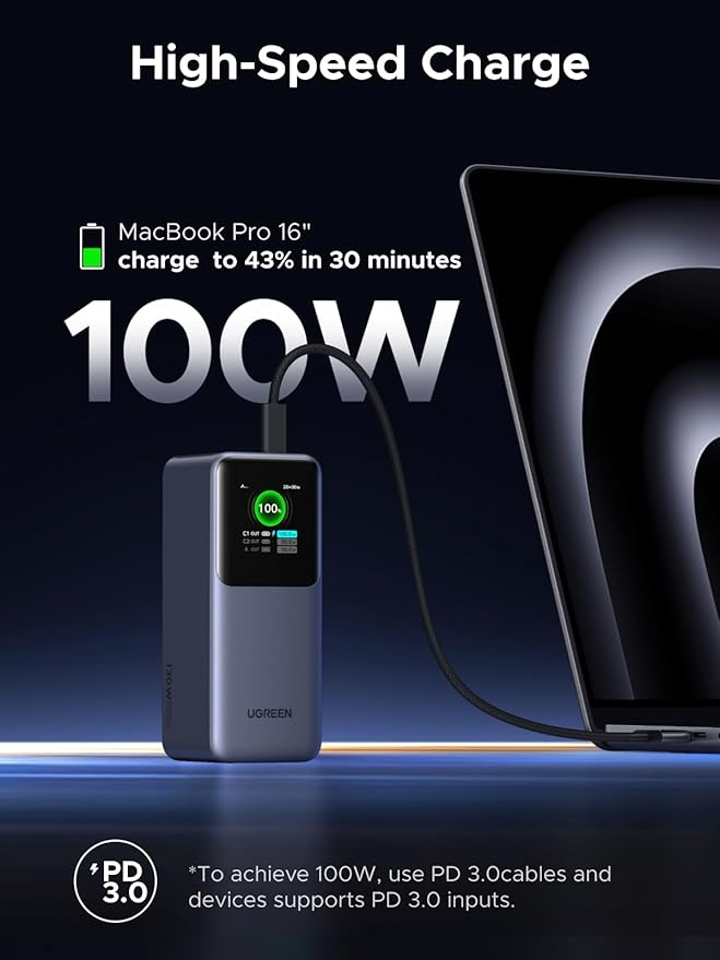 UGREEN Nexode Power Bank 20000mAh 130W Portable Charger 72Wh PD Fast Charging 3-Port USB C Battery Pack with TFT Smart Display for MacBook/iPad/iPhone 17/16/Samsung S26 and More