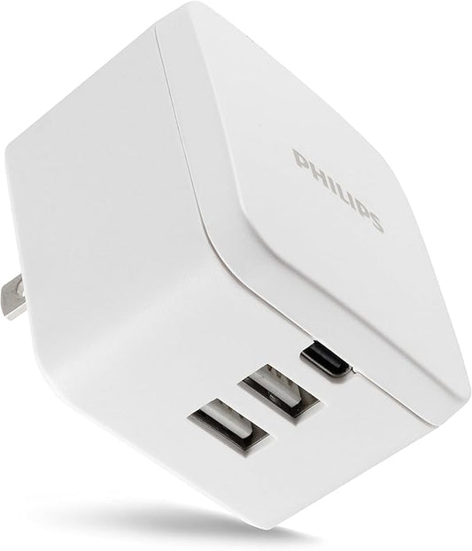 Philips iPhone USB Wall Charger Block, 20W 1 USB C Port, 2 Type A Port Charging Block for iPhone 15, 14, 13 Series, iPad, Power Adapter Cube, Foldable Plug Charging Box, DLP1032Q/37