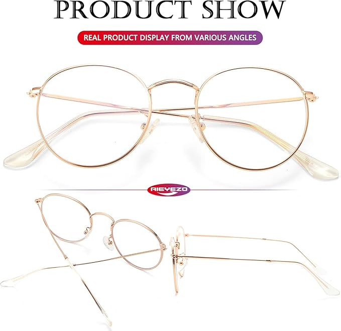 AIEYEZO Blue Light Glasses for Women Men Fashion Retro Circle Wire Frames Eyeglasses Anti-Blue Light Computer Gaming Glasses