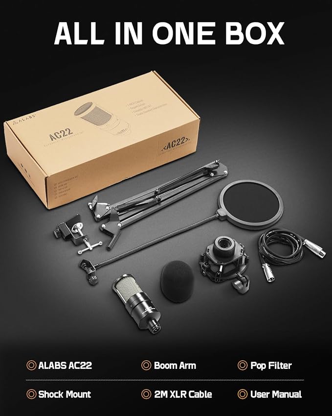 ALABS XLR Condenser Microphone, Professional Cardioid Recording Microphone Kit with 25mm Diaphragm for Streaming, Podcasting, Singing, Vocal, Studio Mic with Boom Arm, Pop Filter (AC22)