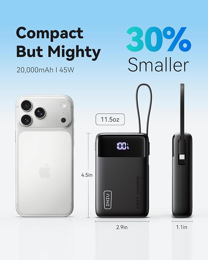 INIU 45W Portable Charger, Smallest 20000mAh Power Bank with Build in USB-C Cable, Fast Charging USB C in&Out Battery Pack, Travel Phone Charger for iPhone 17 16 15 Air Samsung S25 S24 Google iPad etc