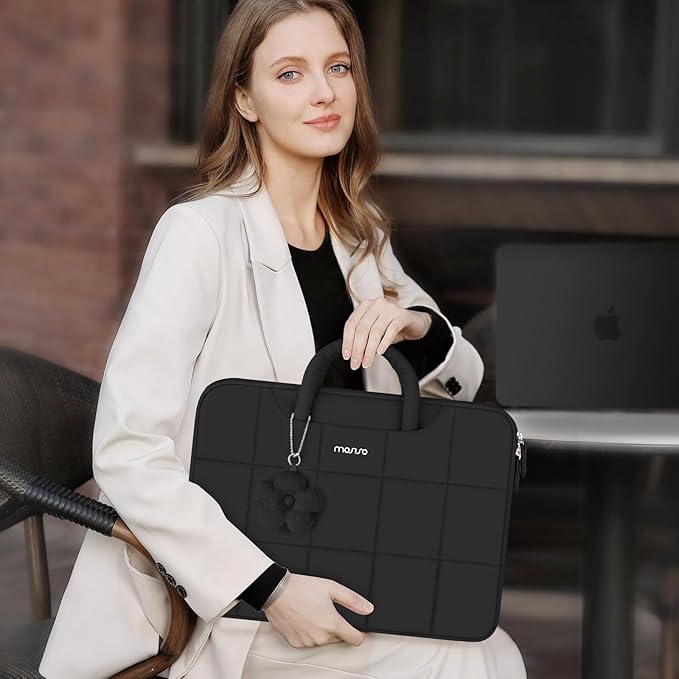 MOSISO Laptop Case 16 inch, 15-15.6 inch Puffy Laptop Sleeve Compatible with MacBook Pro 16 M5 M4 M3 M2 M1,HP Acer Dell Lenovo Notebook,Rectangle Quilted Bag with Handle&Flower Pendant, Black