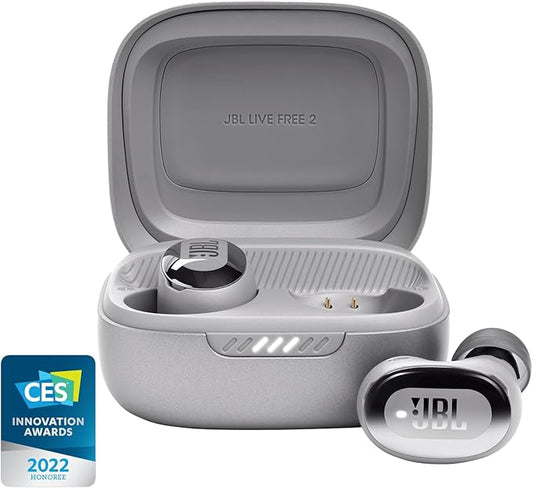 JBL Live Free 2 - True Wireless Noise Cancelling Earbuds, Up to 35hrs of Playtime, 6 mics for Perfect Calls with Zero Noise, IPX5 Waterproof, Oval Tubes for Better Comfort, Isolation, & bass (Silver)
