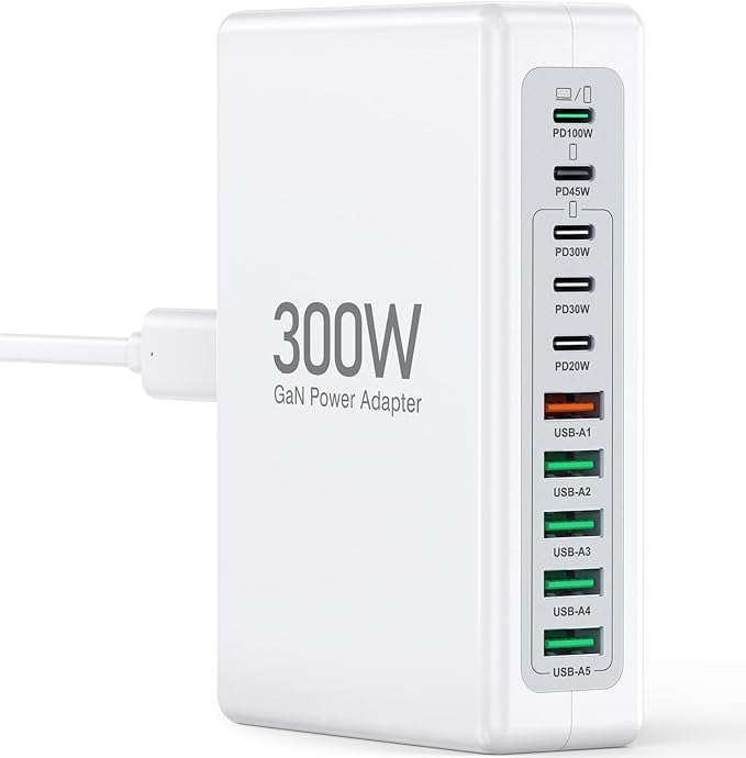 300W USB C Charging Block, 10-Port USB C Charging Station PD 100W Laptop Fast Charger Adapter for MacBook Air/Pro, iPhone17/16/15/14/13 Pro Max, iPad Pro, DELL, Samsung Galaxy