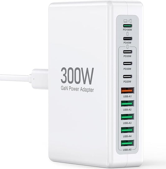 300W USB C Charging Block, 10-Port USB C Charging Station PD 100W Laptop Fast Charger Adapter for MacBook Air/Pro, iPhone17/16/15/14/13 Pro Max, iPad Pro, DELL, Samsung Galaxy