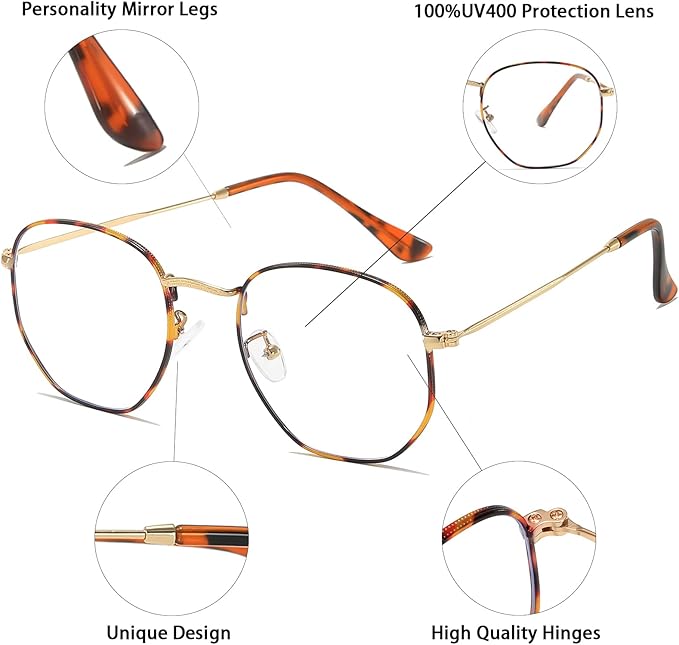 Hexagonal Metal Blue Light Blocking Glasses Anti Eye Strain for Digital Screens Lightweight Frame for Men Women