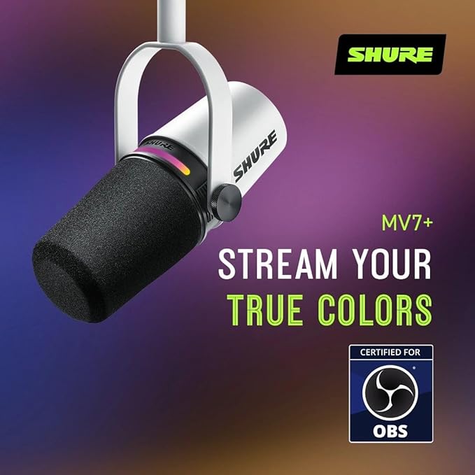 Shure MV7+ Podcast Dynamic Microphone – OBS Certified, Enhanced Audio, LED Panel, USB-C & XLR Outputs, Auto Level Mode, Digital Pop Filter, Reverb Effects – For Podcasting, Streaming, Recording, White