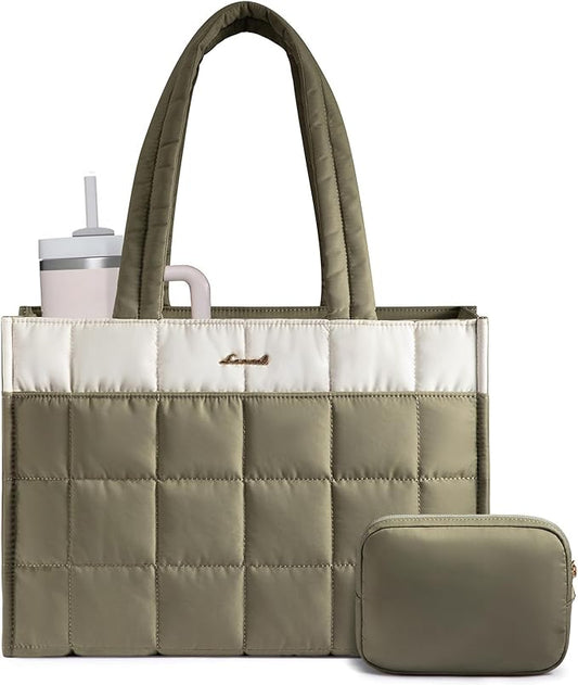 LOVEVOOK Tote Bag for Women, Puffer Work Handbag 15.6 Inch Laptop Purse for Nurse Teacher, Large Quilted Travel Tote Shoulder Bag with Zipper for College Office Clinical Gym, Cream-Sage