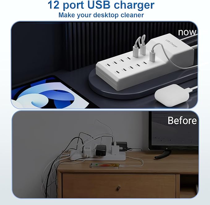 USB C Charger, 60W Charging Station, 12 Port USB C Desktop Charger, Charge Block Compatible with iPhone 11/12/13/14/15/LG/Smartphone/Tablet/other USB Devices
