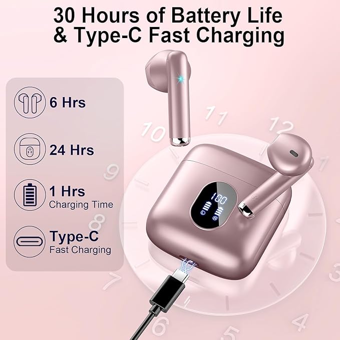 Wireless Earbuds, Bluetooth Headphones V5.4 Stereo Bass Ear Buds with ENC Noise Cancelling Mics,30H Bluetooth Earbuds with LED Display Charging Case, IP7 Waterproof Earphones for Android iOS【Mini】