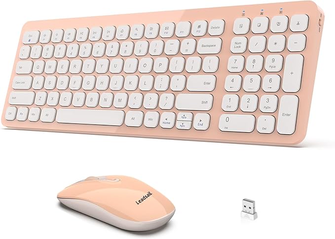 LeadsaiL Wireless Keyboard and Mouse Combo, Ergonomic Wireless Mouse and Keyboard Set for Computer, Compact and Silent Mouse and Keyboard for Laptop, Desktop, PC, Pink