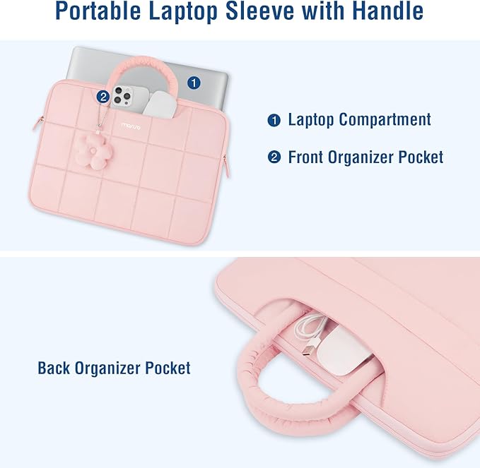 MOSISO Laptop Case 16 inch, 15-15.6 inch Puffy Laptop Sleeve Compatible with MacBook Pro 16 M5 M4 M3 M2 M1,HP Acer Dell Lenovo Notebook,Rectangle Quilted Bag with Handle&Flower Pendant, Pink