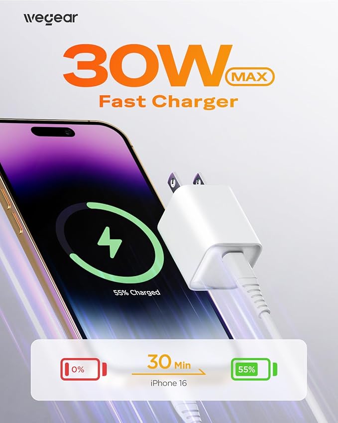 30W Compact Wall Charger, USB C Charger Block with GaN III Tech, PD3.0 PPS QC4.0 Fast Charging Foldable Power Adapter for iPhone 17 16 15, Galaxy, Pixel, iPad, AirPods (White, 2 Pack)