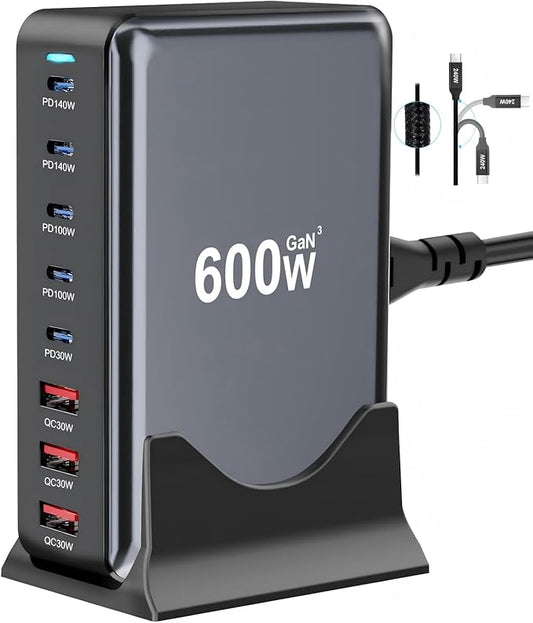 600W USB C Fast Charger Block, Multi-port USB Charging Station, GaN Ⅲ Double 140W PD PPS Port Fast Charging Station for Multiple Devices,Laptop Wall Charger Compatible with MacBook, iPhone 17,iPad etc
