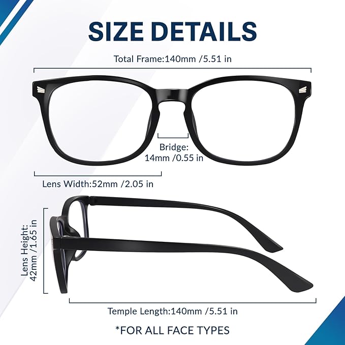 Blue Light Glasses for Woman Men | 99% Blue Light Blocking Glasses for Computer Gaming TV Phone Screen Square Frame | Anti Eyestrain & UV Glare Protection - 2 Pair