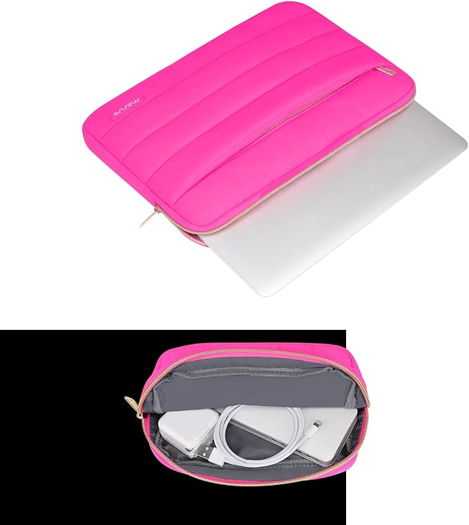 MOSISO Laptop Case 16 inch, 15-15.6 inch Puffy Laptop Sleeve Compatible with MacBook Pro 16 M5 M4 M3 M2 M1, HP Dell ASUS Acer Toshiba Lenovo, Polyester Horizontal Bag with Small Case, Rose Red