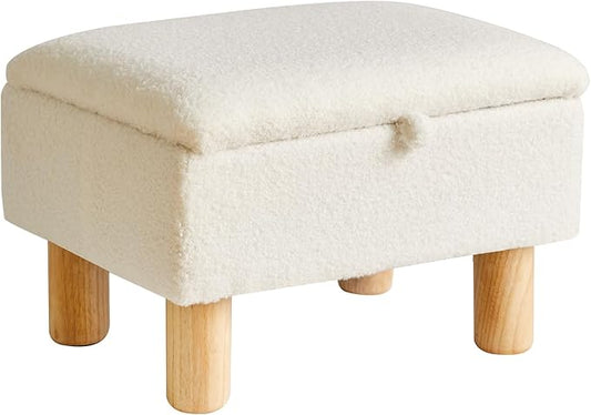 Aibiju Ottoman with Storage - Small Foot Rest for Couch 16x12x9.5inch, Safety Hinge Flip Top Stool Load up to 330lb for Living Room Dorm - Teddy White YD-JD136W
