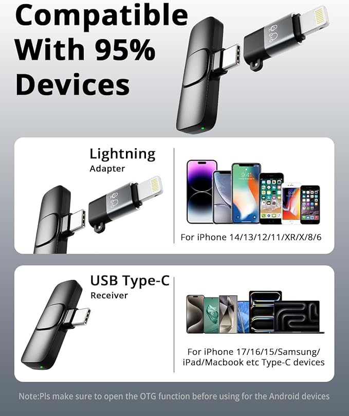 Wireless Lavalier Microphone for iPhone - Android, iPad, Tablets, Bluetooth Mini Microphone with Noise Canceling,65FT Transmission,6H Battery Life, Professional Lapel Mic for Video Recording