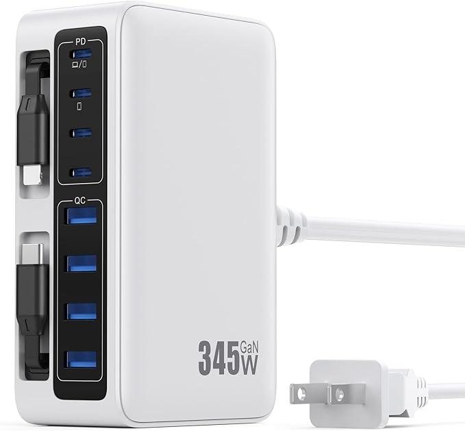 345W USB C Charger Block with 2 Built-in Retractable Cables,10-in-1 GaN IV USB C Charging Station,PD 65W Laptop Charger Power Adapter for MacBook Pro/Air,DELL,iPhone16/15/14,Galaxy S24,Android