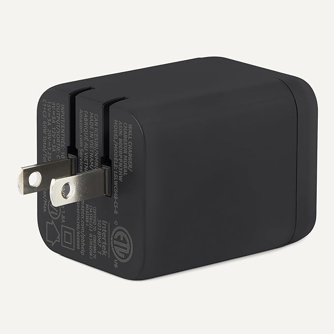 Amazon Basics Fast Charging USB C Nano GaN Wall Charger, 65W 2-Port for Laptops, Tablets, Phones, Black