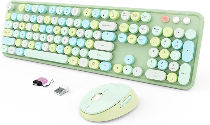 Wireless Keyboard and Mouse Combo, Ergonomic Full Size Typewriter Retro Round Keycaps Keyboard, Compatible with Windows, PC, Perfer for Home and Office Keyboards (Green
