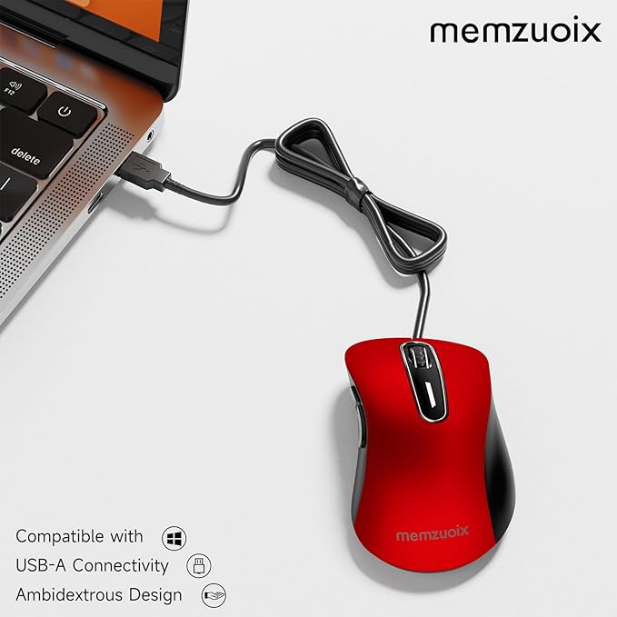 memzuoix Wired Mouse, USB Computer Mouse 1400 DPI Mobile Optical Mouse Ergonomic Design Computer Mice with 5FT Cord for Laptop, PC, Desktop, MacBook, 5 Buttons (Pomegranate Red)