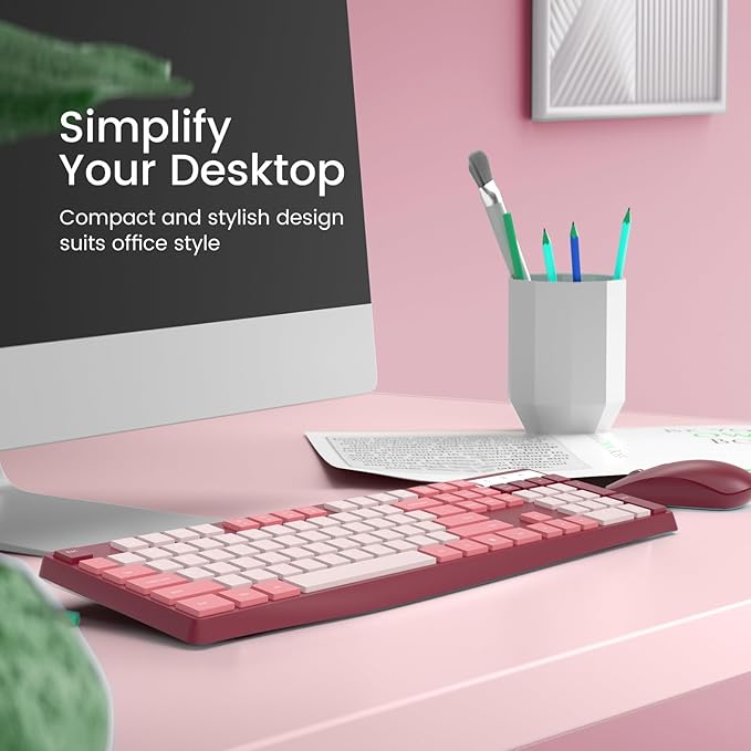 Wireless Keyboard and Mouse Combo, Lovaky 2.4G Full-Sized Ergonomic Keyboard Mouse, 3 DPI Adjustable Cordless USB Keyboard and Mouse, Quiet Click for Computer/Laptop/Windows/Mac (1 Pack, Rose)