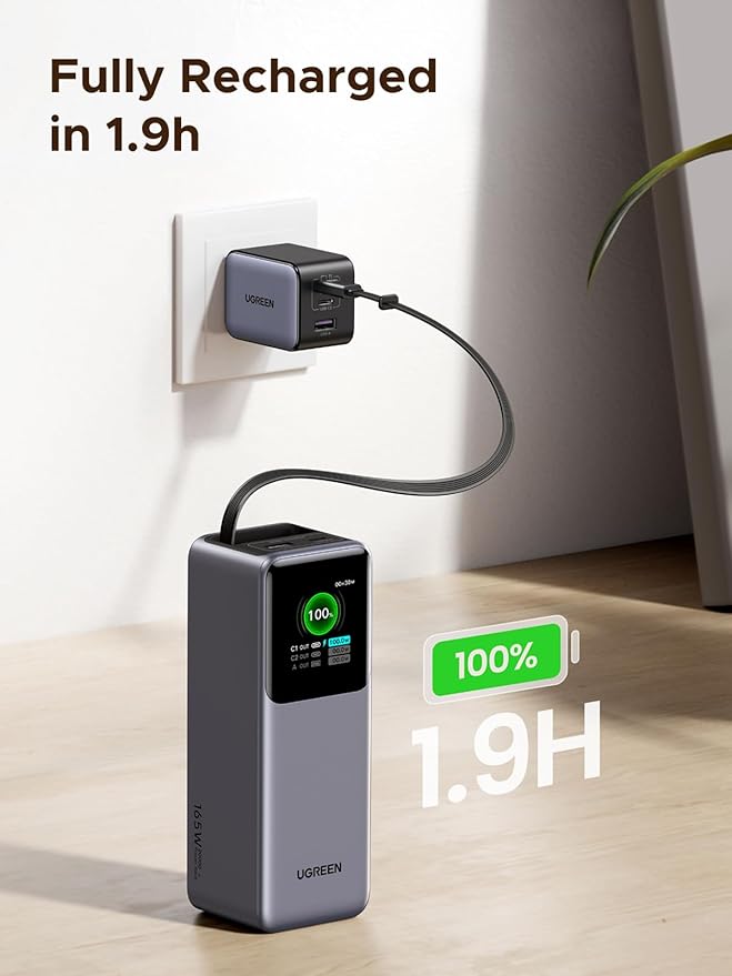 UGREEN Nexode Power Bank 20000mAh 165W with Built-in USB C Cable Laptop Travel Portable Charger, 100W Input, Fast Charging for MacBook Pro/Air/iPhone 17/16/iPad Pro/Galaxy S26 Ultra/Dell/HP and More