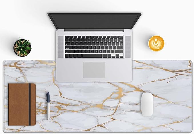 Desk Mat White Golden Marble Texture Large Keyboard Mouse Pad for Laptop PC Setup Desk Cover Protector Desk DéCor for Office Home Work Gaming 31.5" X 11.8" Stitched Edge Non-Slip Design