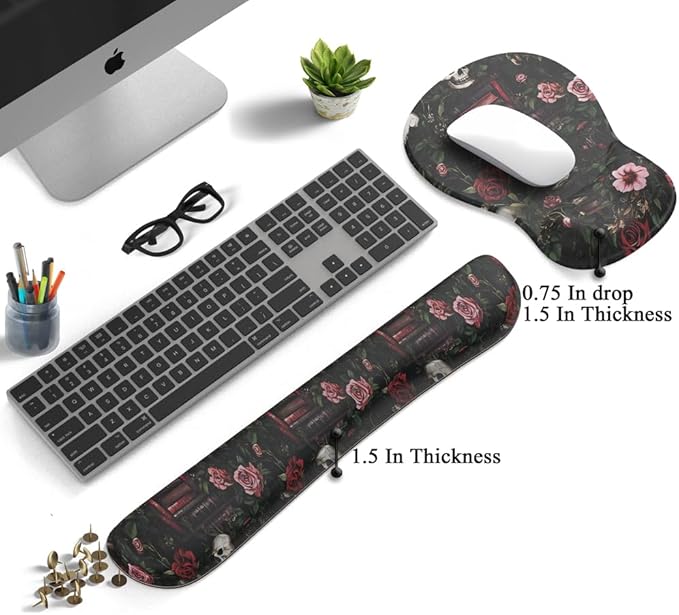 Gothic Skull Rose Ergonomic Mouse Pad with Wrist Rest & Keyboard Wrist Support Set - Non-Slip Gaming Office Desk Mat, Comfortable Memory Foam Cushion for Computer/Laptop Users, Home Office Workers