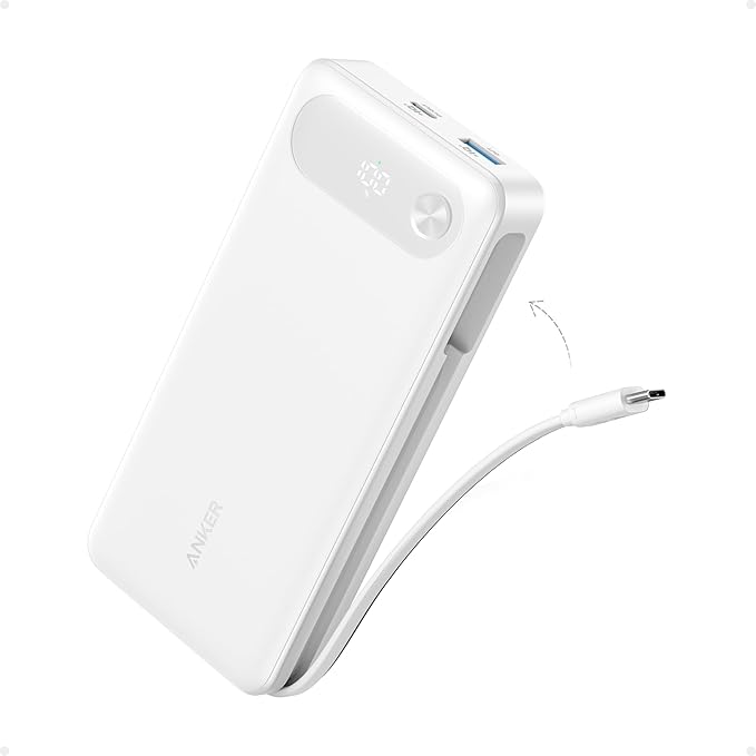 Anker Power Bank, 20,000mAh Travel Essential Portable Charger with Built-in USB-C Cable, 3-Port 87W Max Fast Charging Battery Pack, for MacBook, iPhone 16/15 Series, Samsung, Switch, and More