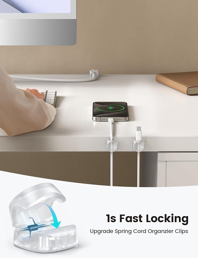 12Pack Cord Organizer [1s Lock] Spring Cable Holder Clips - Lamicall Desk Cord Management Clips, [Smooth Adjustable] Phone Charger Cable, Adhesive Wire Keeper for Nightstand Wall Car Office - Image 2