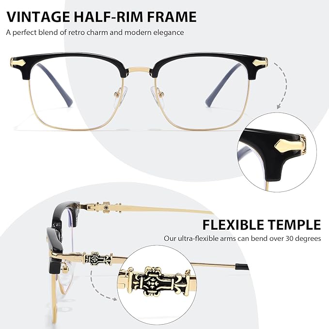 IGnaef Unisex Retro Blue Light Blocking Glasses Trendy Semi-Rimless Anti Eyestrain & UV Glare for Gaming & Reading