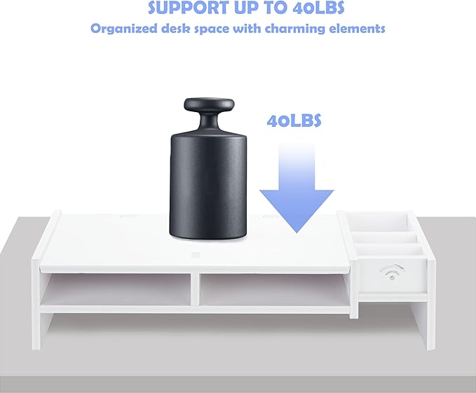 White Monitor Stand Riser, MDF Laptop Riser Shelf with Organizer(4.7" Hx8.1 Wx19.5 L)