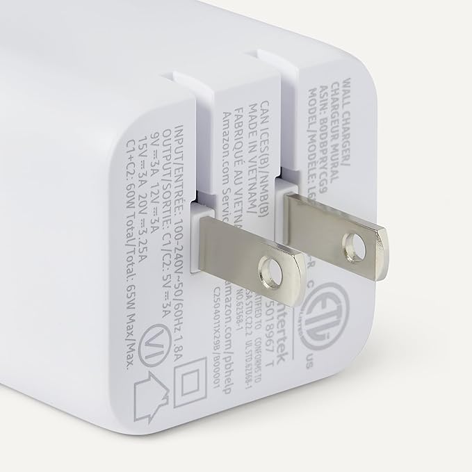 Amazon Basics Fast Charging USB C Nano GaN Wall Charger, 65W 2-Port for Laptops, Tablets, Phones, White