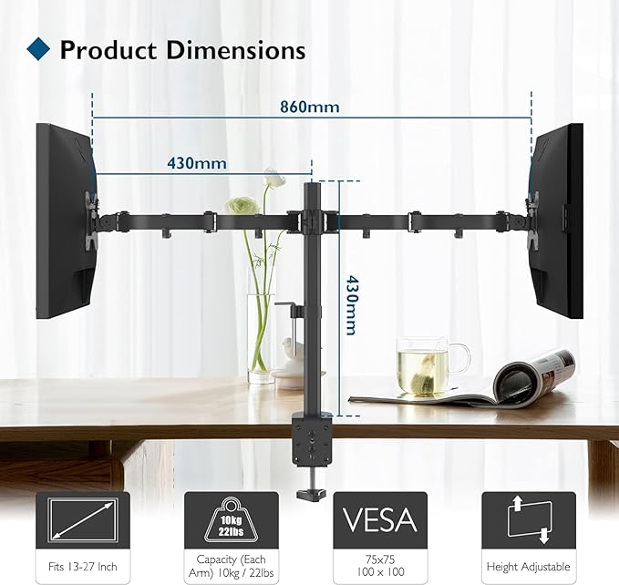 BONTEC Dual Monitor Desk Mount, Full Motion Adjustable Monitor Stand for 13–27 Inch Screens, Heavy Duty Arms Hold Up to 22 lbs Each, VESA 75x75/100x100 mm, C Clamp and Grommet Base, Cable Management