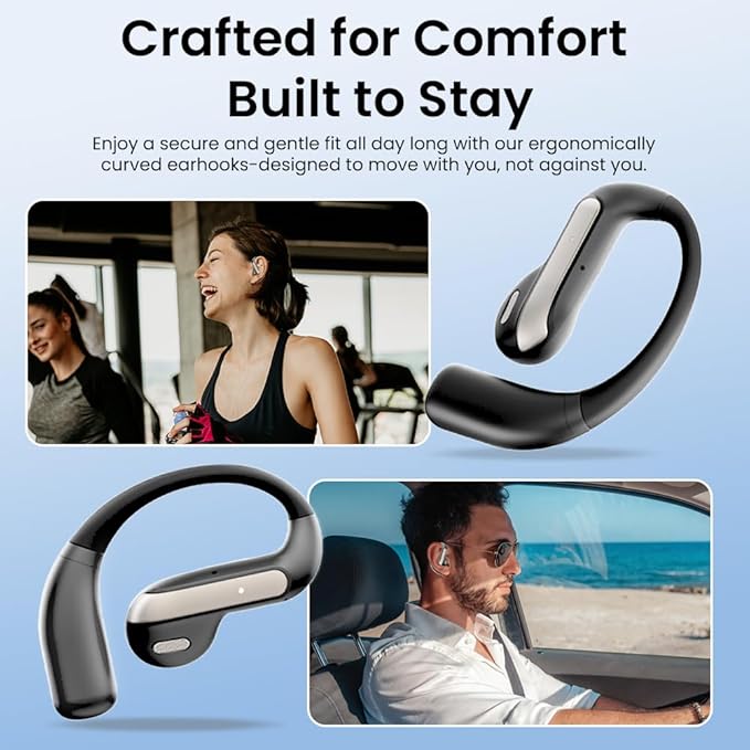 Open Ear Bluetooth 5.3 Earbuds, Wireless Headphones Sport Over Earphones Built-in Mic with Ear Hooks, 58H Playtime Ear Buds Fast Charging, IPX7 Waterproof for Running/Workout-Black