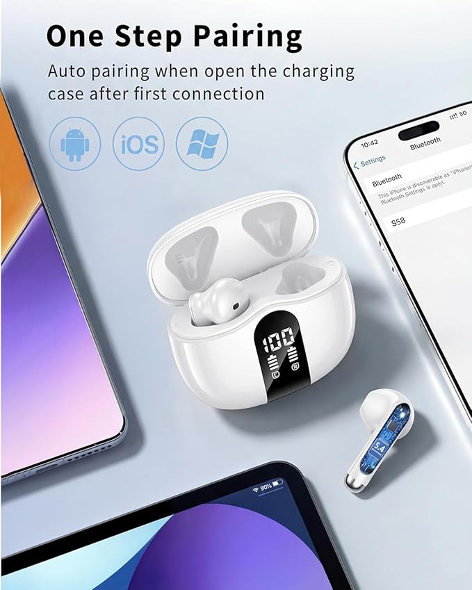 Wireless Earbuds, Bluetooth 5.4 Headphones HiFi Stereo, Ear Buds with 50H Playback, LED Display Wireless Earphones Clear Calls, IP7 Waterproof, Bluetooth Earbuds for Laptop/Phones/Sports, White
