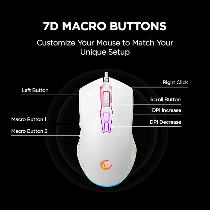 Rampage Spear V2 White Wired Gaming Mouse with RGB Lighting ?€? 12800 DPI, 7 Programmable Buttons, Lightweight Ergonomic Gaming Mouse for PC/Mac/Laptop Gamers